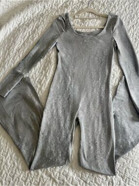 Silver Velvet Long-Sleeve Jumpsuit
